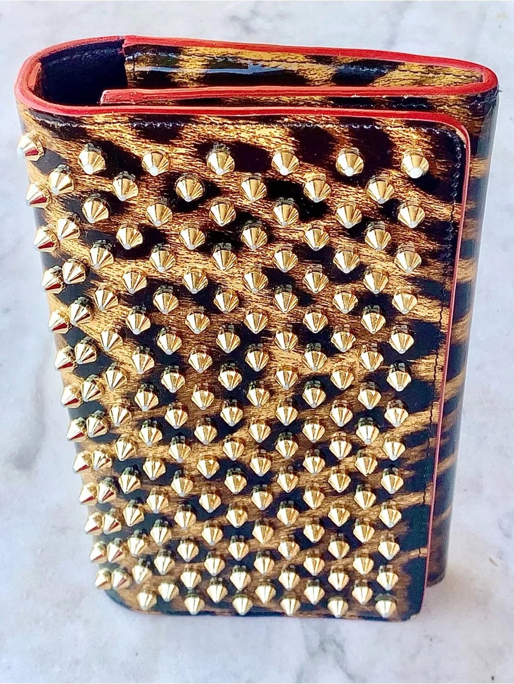 CHRISTIAN LOUBOUTIN MACARON PATENT SPIKED FLAP WALLET CLUTCH LEOPARD WRISTLET